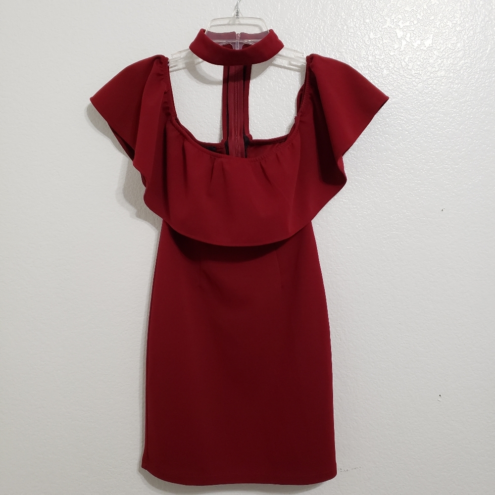 Small Size 0 Missguided Burgandy Red Off Shoulder Mini Dress - Flutter Sleeves